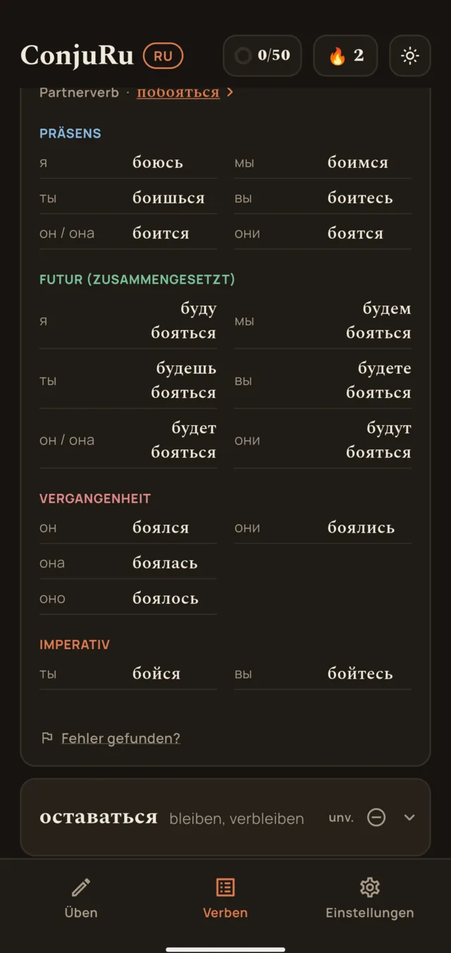 Konjugationstabelle mit Präsens, Futur, Vergangenheit und Imperativ